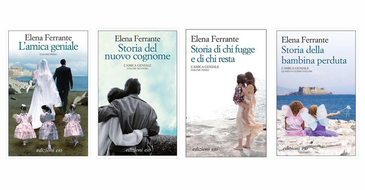 Die italienischen Cover der Neapolitanischen Saga von Elena Ferrante vor weißem Hintegrund